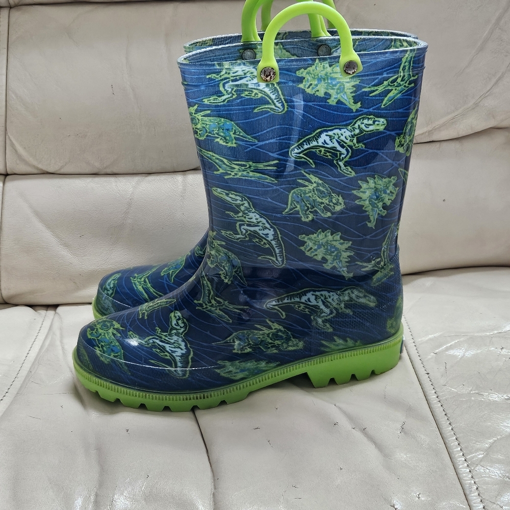 ZOOGS Dinosaurs Printed Tain Boots in Blue Tonal Dino Pattern Sz 12 Boys